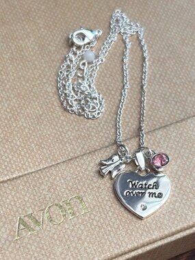Avon Pink Hope Charm Watch Over Me 18" Silver Necklace Heart Angel Rhinestone